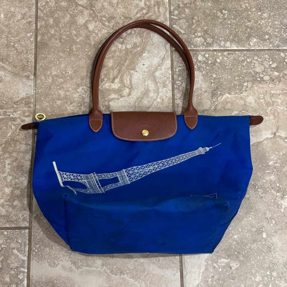 Longchamp Le Pliage Eiffel Tower Limited Edition Tote Bag Blue Nylon Large